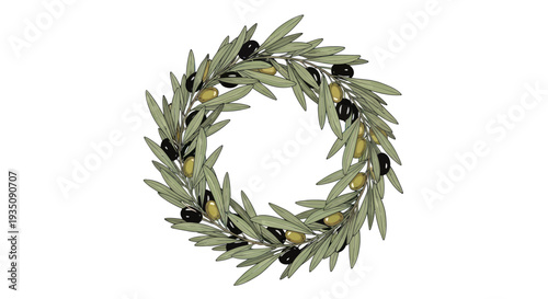Olive Branch Wreath with Black and Green Olives Isolated on White