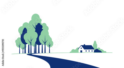 Minimalist landscape with trees, road, and house, flat design, rural scene