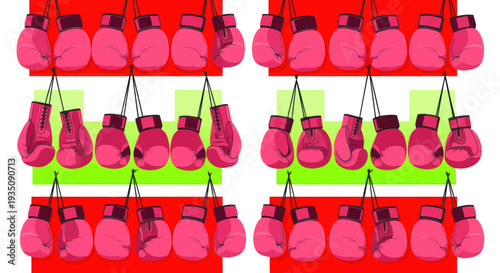 Pink Boxing Gloves Hanging on Rack, Sports Training, Fight Club Concept