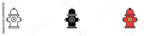 Fire hydrant icon set. Emergency fire safety and water supply symbol. Vector Illustration.