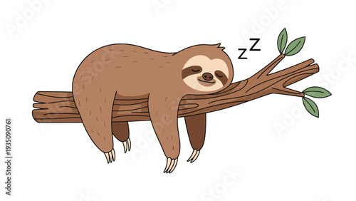 Cute brown sloth sleeping peacefully while hanging on a tree branch with green leaves, an adorable wildlife illustration on white.