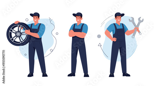 Professional auto mechanic male characters in blue overalls holding a tire and tools for car repair service in flat style.
