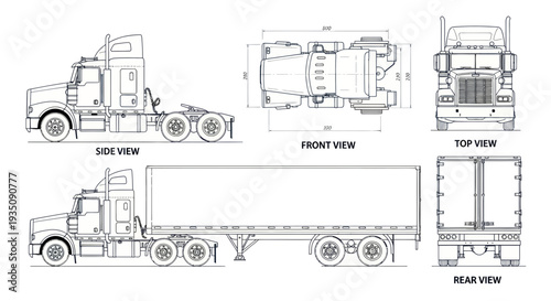 Semi-truck blueprint: side, front, top, and rear views with dimensions