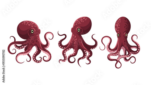 Collection of red octopus characters in various swimming poses showing long tentacles isolated on a clean white background.