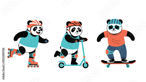Set of cute panda characters wearing safety gear while roller skating riding a scooter and skateboarding on a white background.