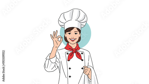 Smiling professional female chef in a white culinary uniform and hat making a perfect gesture isolated on a blue circle.