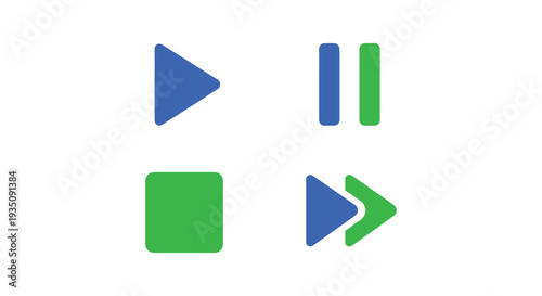 Minimalist graphic of blue and green geometric shapes representing media controls a distinct silhouette high quality professional detailed modern elegant stylish