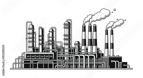 An industrial landscape with factory buildings and smoke stacks rendered in a stark black and white silhouette high quality professional detailed