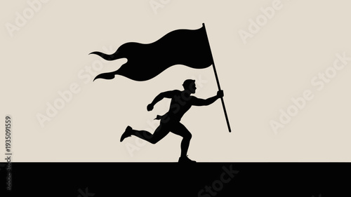 A triumphant man running with a flag in silhouette mode