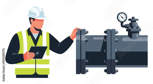 An illustration depicts a construction worker inspecting pipeline equipment with a digital tablet a bold silhouette high quality professional detailed modern
