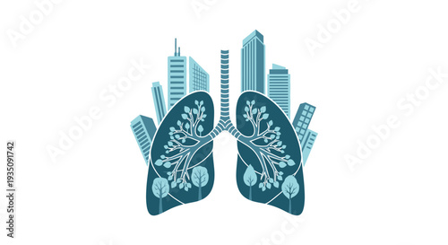 A conceptual image depicting lungs shaped like a cityscape symbolizing urban air quality and health silhouette high quality professional detailed modern