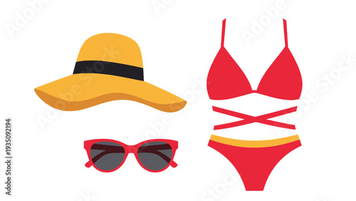Set of summer fashion accessories including a yellow sun hat red stylish bikini and sunglasses for a beach vacation.