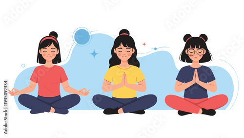 Three young women characters in different sportswear meditating in yoga lotus pose against a soft blue abstract background.