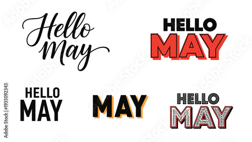 Collection of four creative Hello May typography designs with various font styles and colors for spring season cards.