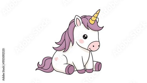 Adorable white unicorn character with long purple mane and tail sitting comfortably with a heart on white background.