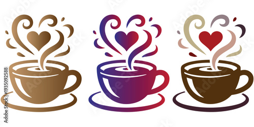 Coffee cup icons with heart steam and colorful gradients.