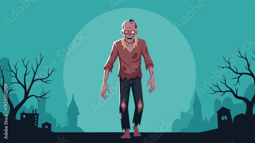 Spooky zombie figure walking through a desolate graveyard under the moonlight with a full moon and silhouettes of dead trees.