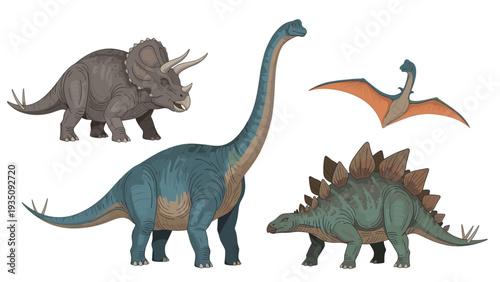 Collection of various prehistoric dinosaur species including triceratops and brachiosaurus isolated on white background.