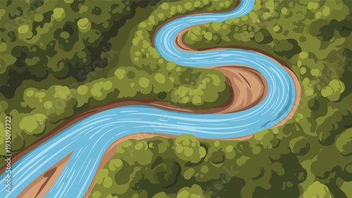 Aerial view of a winding blue river flowing through a lush green forest with dense trees and a natural landscape pattern.