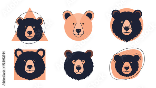 Set of minimalist bear head illustrations in different geometric shapes and peach colored backgrounds for logo design elements.