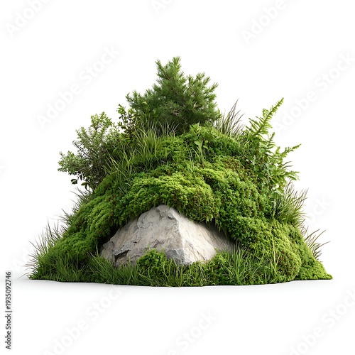 Lush Green Landscape with Rock and Variety of Textured Plants and Grasses for Nature Lovers