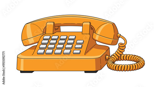 Retro style orange landline telephone with a coiled cord and push buttons isolated on a plain white background for design.