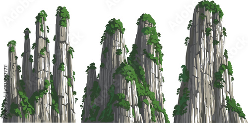 Zhangjiajie National Forest Park Inspired Limestone Karst Mountain Peaks with Lush Green Trees and Cliff Vegetation Vector Illustration Set for Travel and Nature Backgrounds