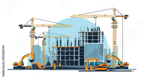 A vibrant construction scene with multiple cranes buildings and workers presented in a striking silhouette high quality professional detailed modern elegant