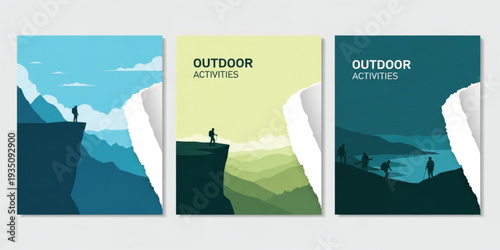 Outdoor Adventure and Hiking Poster Set Featuring Mountain Silhouettes, Backpackers, and Torn Paper Edge Effects for Travel Covers, Brochures, and Nature Backgrounds