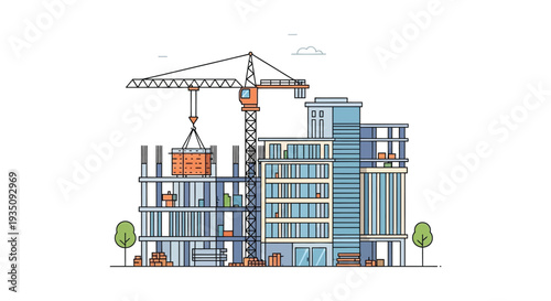 A colorful illustration depicts a construction site with a crane lifting materials near modern buildings a striking silhouette high quality professional