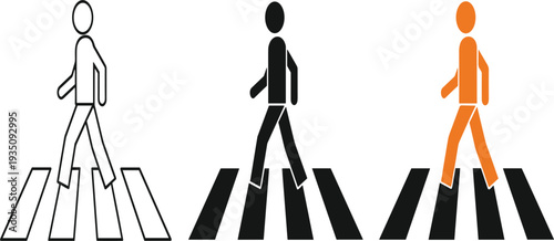 Pedestrian Crossing Icon Set with Walking People on Crosswalk Zebra Crossing Symbols for Road Safety Traffic Sign and Urban Navigation Design