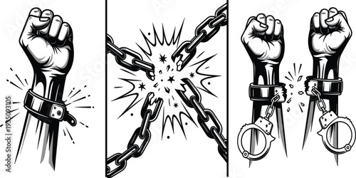 Raised Fist Breaking Chains and Handcuffs Vector Illustration Triptych Representing Freedom, Protest, Revolution, Liberation, and Human Rights Activism Concept
