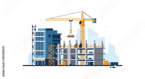 A vibrant cityscape illustration depicting construction with a prominent crane and unfinished buildings a bold silhouette high quality professional detailed modern