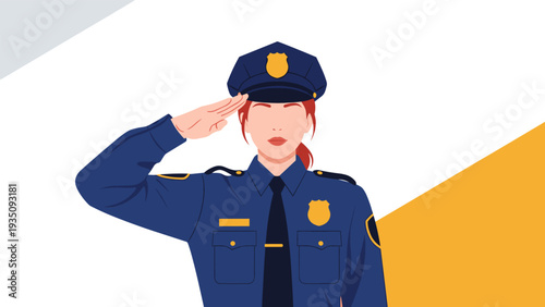 Professional female police officer in a blue uniform and cap performing a formal salute against a geometric background.