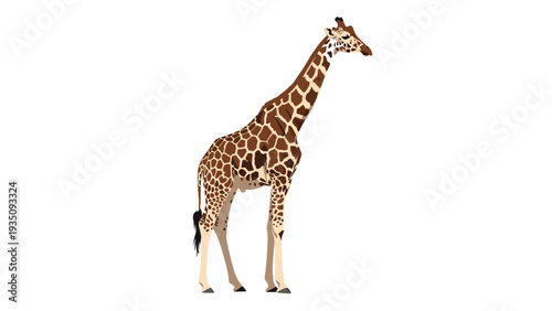 Large wild giraffe standing tall with its characteristic spotted pattern and long neck against a solid white background.