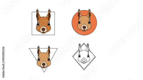 Set of squirrel head illustrations displayed within different geometric frames like circles triangles and square shapes.