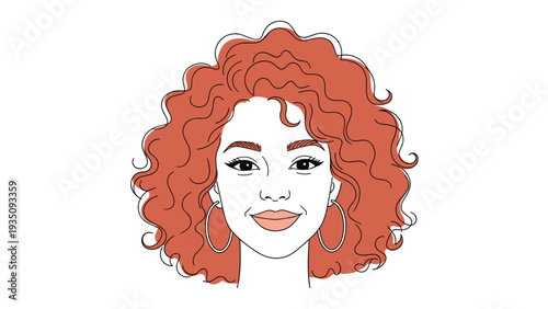 Portrait of a beautiful smiling woman with voluminous red curly hair and large hoop earrings on a white background.