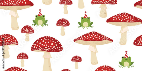 Seamless Pattern with Red Fly Agaric Mushrooms and Cute Frogs in Party Hats Cartoon Vector Background for Kids Fabric and Wrapping Paper