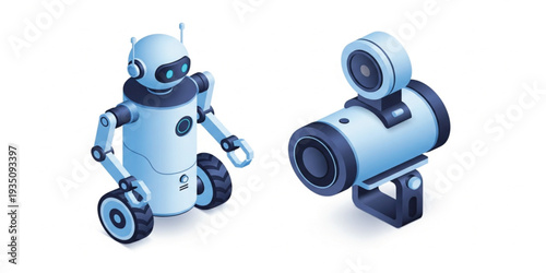 Security Robot and Surveillance Camera Vector Illustration Set with AI Powered Monitoring Technology and Smart Protection System Design
