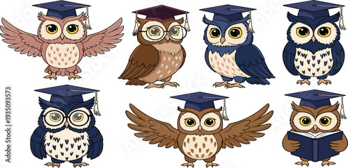 Set of Cute Scholar Owl Characters Wearing Graduation Caps and Mortarboards with Books and Glasses for Education, Academic Success, and School Achievement Designs