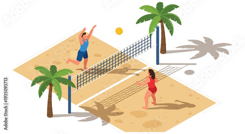 An isometric illustration depicts beach volleyball players in action with palm trees and a net silhouette high quality professional detailed modern