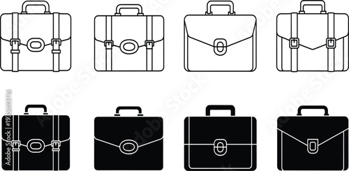 Set of Professional Briefcase and Satchel Icons in Line Art and Solid Silhouette Styles for Business Professionalism, Corporate Identity, Career Development, and Office Work Graphics