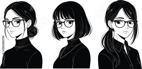 Set of Three Minimalist Anime Girl Portraits Wearing Eyeglasses with Different Hairstyles in Black and White Manga Art Style for Avatars and Social Media Profiles