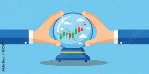 Stock Market Prediction and Financial Forecast Concept with Business Hands Holding Crystal Ball Showing Investment Trading Chart and Future Market Analysis Illustration
