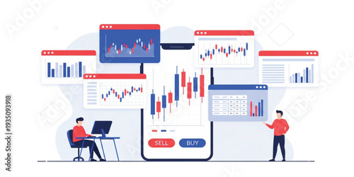 Stock Market Trading App Interface with Financial Charts, Investment Analytics, Buy and Sell Buttons, and Online Business Data Dashboard Illustration