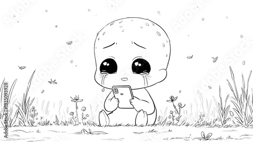 Sad cartoon character crying while looking at mobile phone