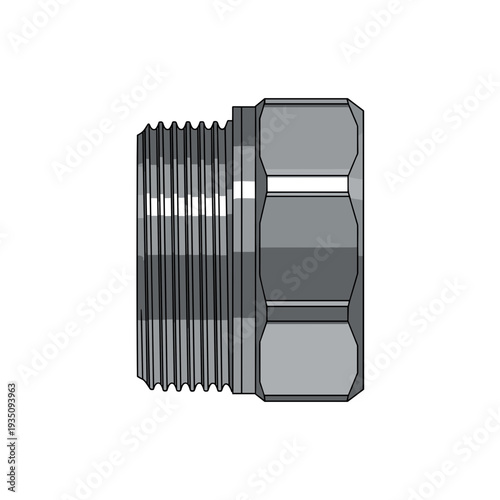 Metallic plumbing cap isolated on a white background with detailed threading and hexagonal shape, showcasing industrial design