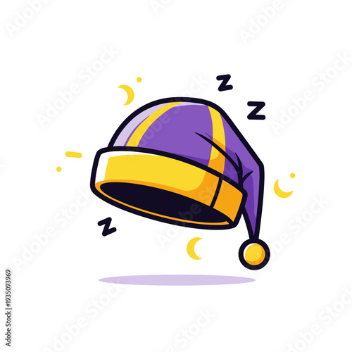 Cartoon sleepy cap in purple and yellow floating on isolated white background with playful zzz symbols and crescent moons