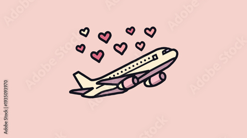 Airplane taking off with heart symbols on pink background vector illustration
