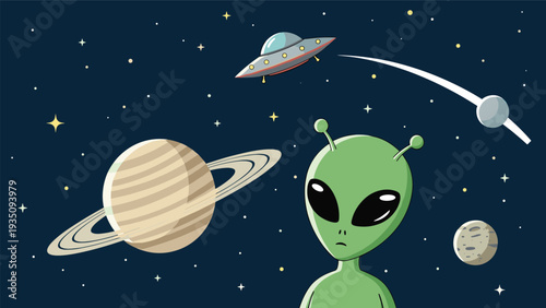 Green extraterrestrial alien standing in deep space with the planet Saturn, a moon, and a silver flying saucer in the background.